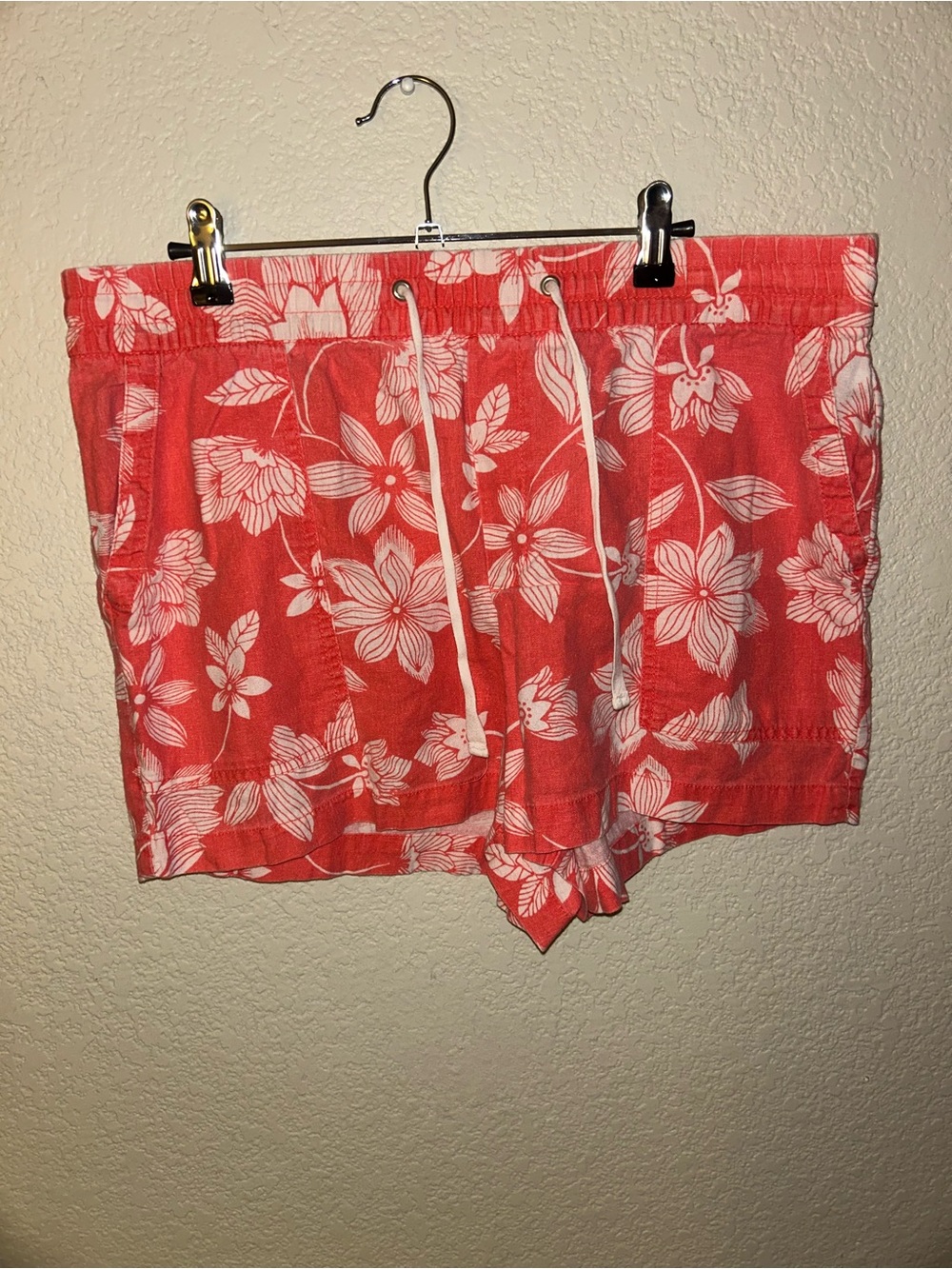 GAP 100% Cotton Floral Drawstring Beach Shorts - Coral with White Flowers